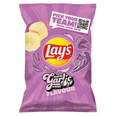A 130g bag of Lay’s Roasted Garlic And Herbs Crisps, with illustrated chips, garlic bulb, and a "Pick Your Team!" QR code—ideal for satisfying your next snack craving.